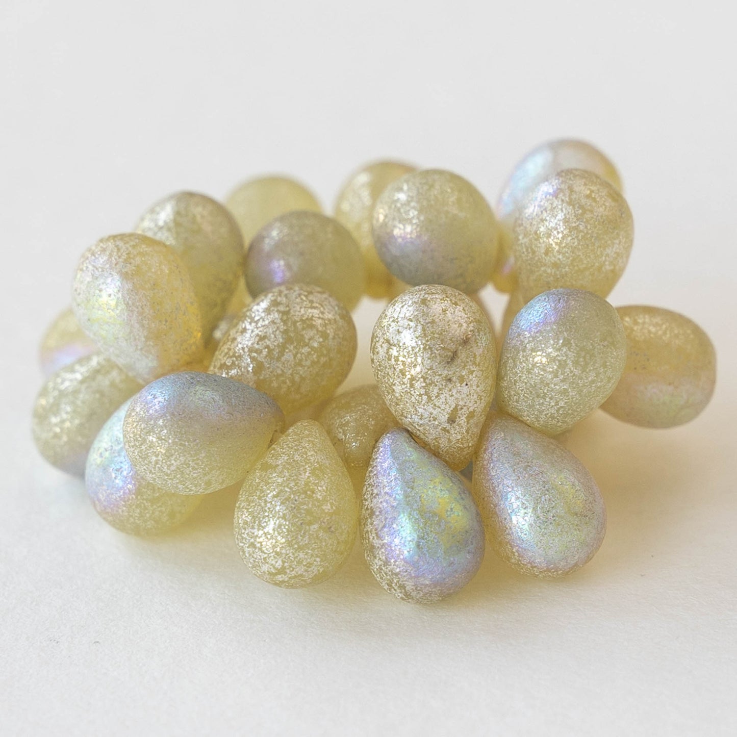 6x9mm Glass Teardrop Beads - Etched Ivory AB - 25 Beads