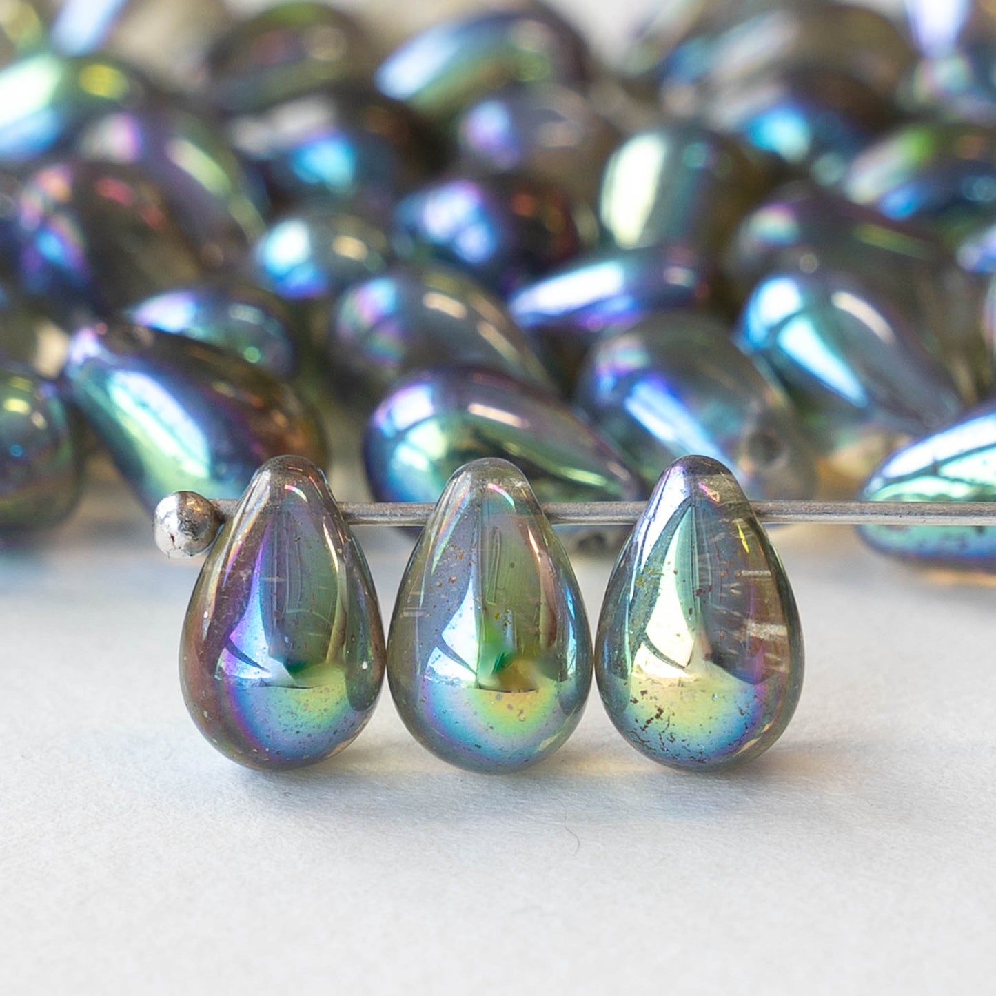 6x9mm Glass Teardrop Beads - Iridescent Black Diamond - 30 Beads