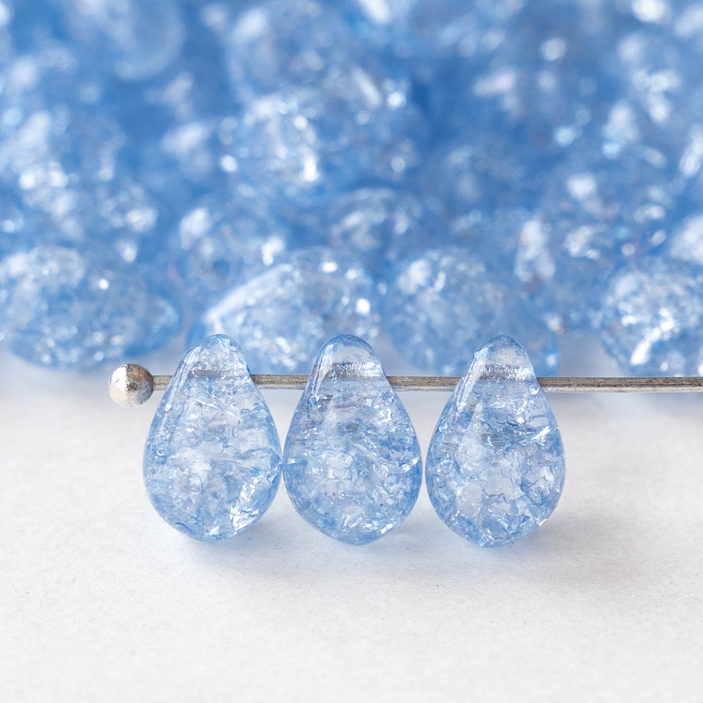 6x9mm Glass Teardrop Beads - Lt Blue Crackle  - 50 Beads