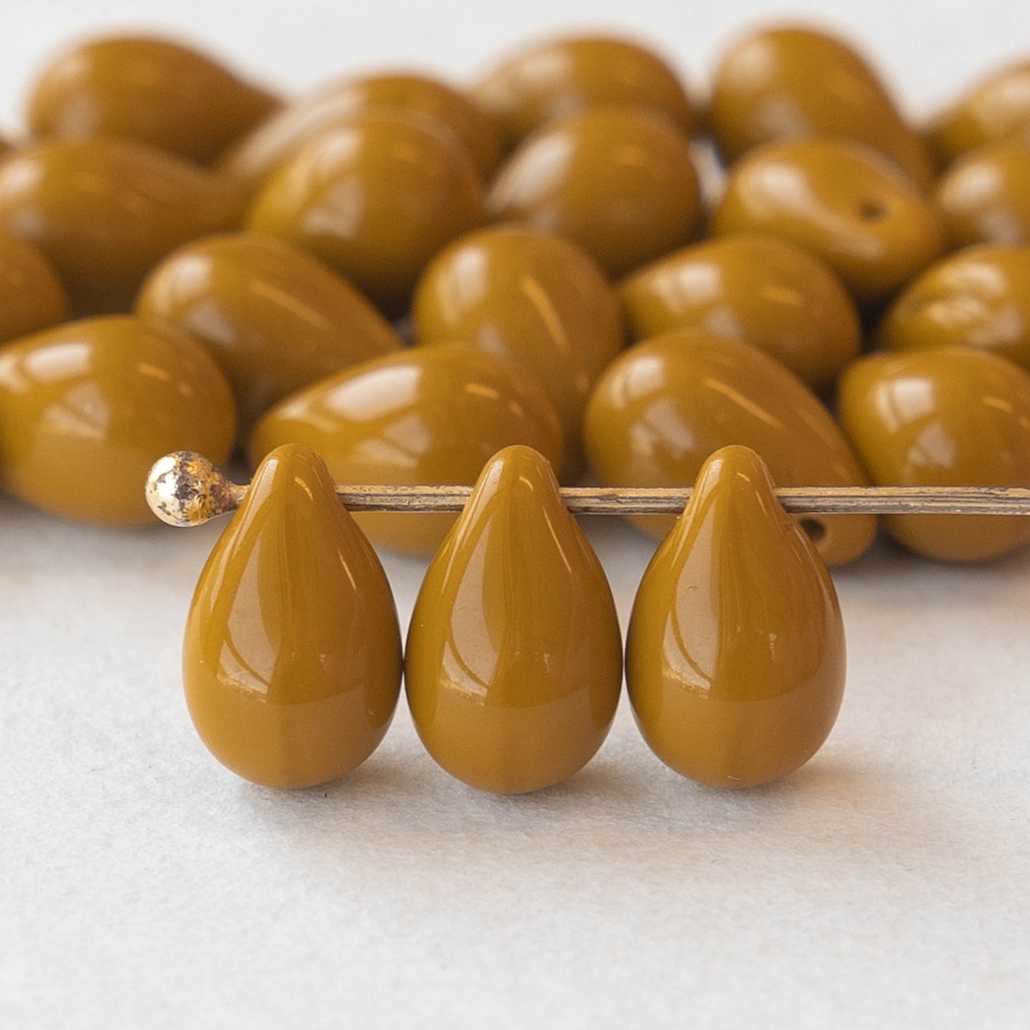 6x9mm Glass Teardrop Beads - Opaque Ochre - 25 Beads