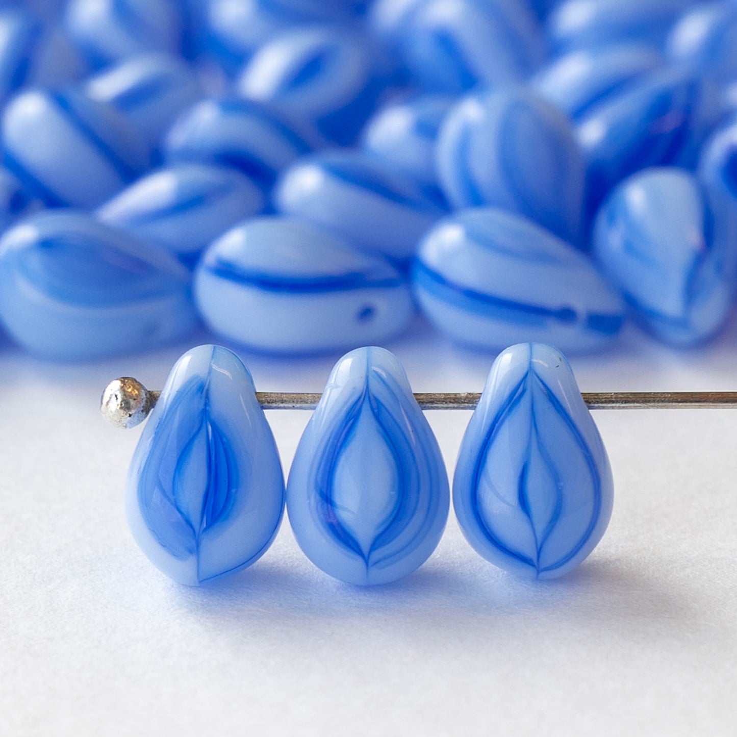6x9mm Glass Teardrop Beads - Opaque Blue Striped - 30 Beads