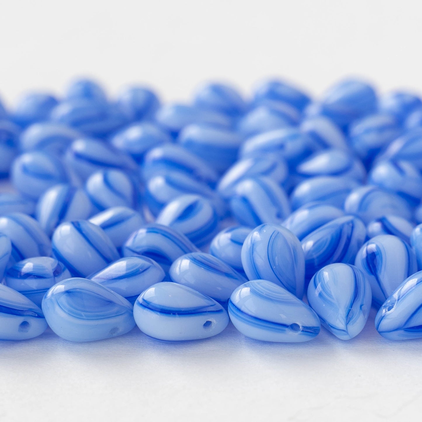 6x9mm Glass Teardrop Beads - Opaque Blue Striped - 30 Beads