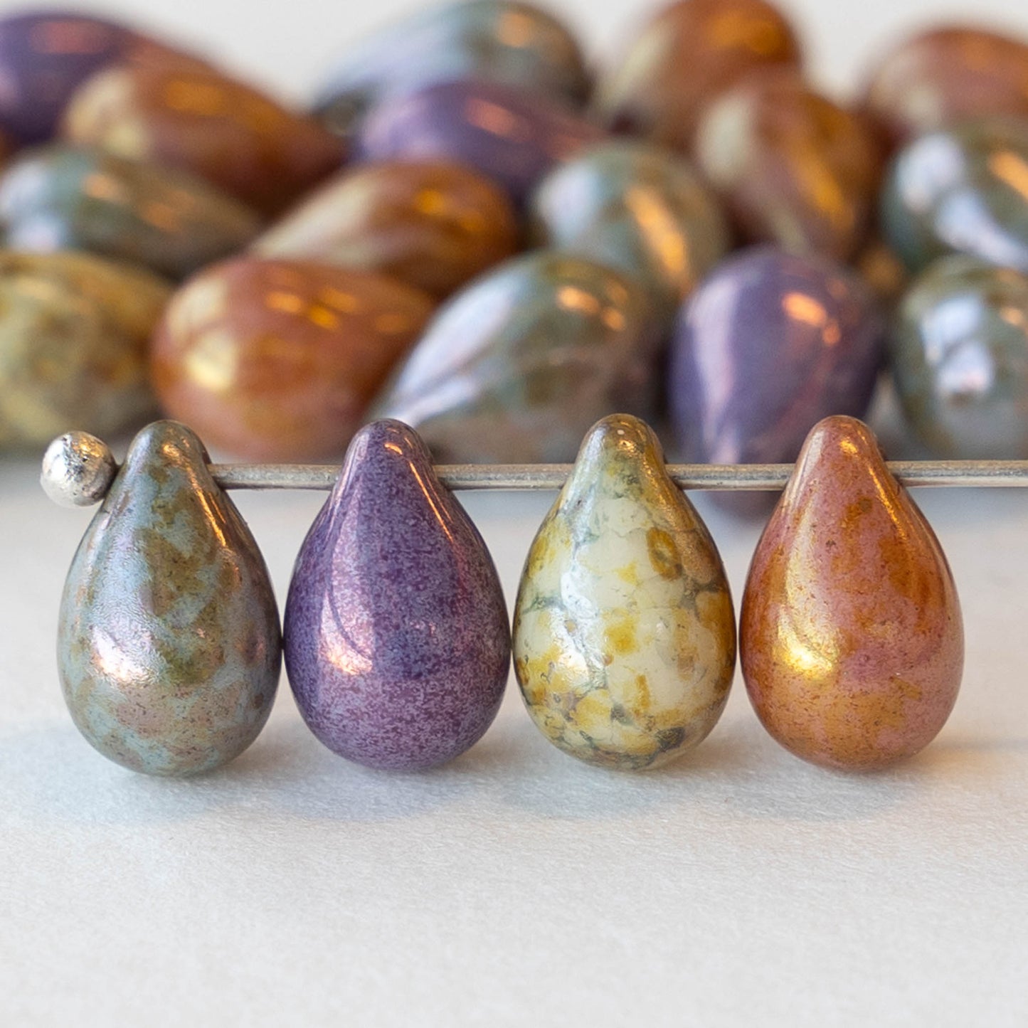 6x9mm Glass Teardrop Beads - Opaque Luster Picasso Mix - 25 beads