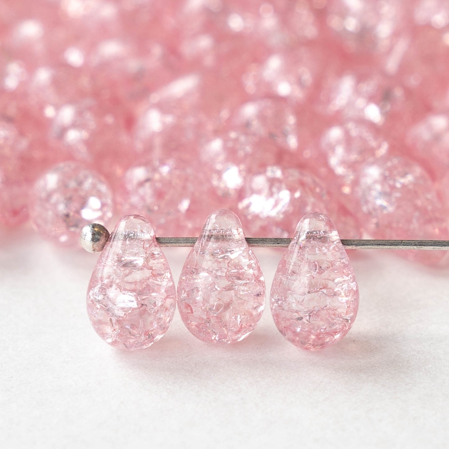 6x9mm Glass Teardrop Beads - Pink Rose Crackle  - 50 Beads