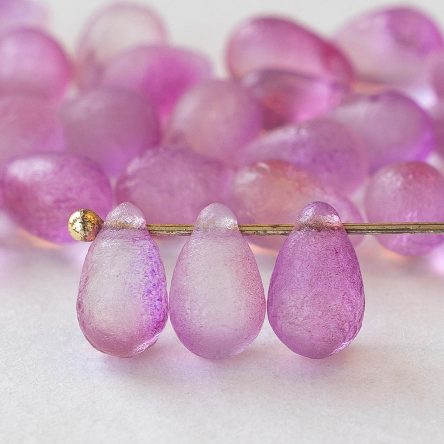 6x9mm Glass Teardrop Beads - Etched Pink - 30 Beads