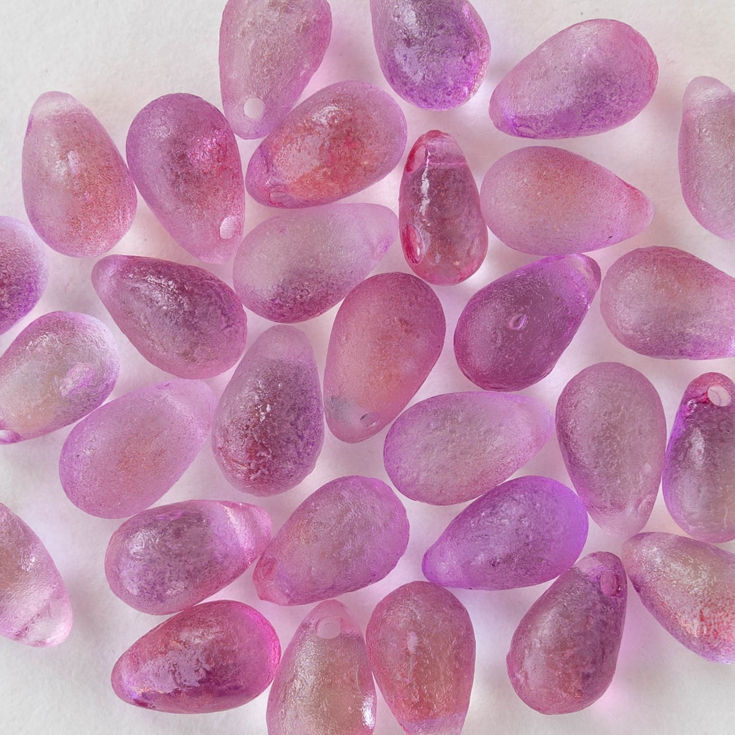 6x9mm Glass Teardrop Beads - Etched Pink - 30 Beads
