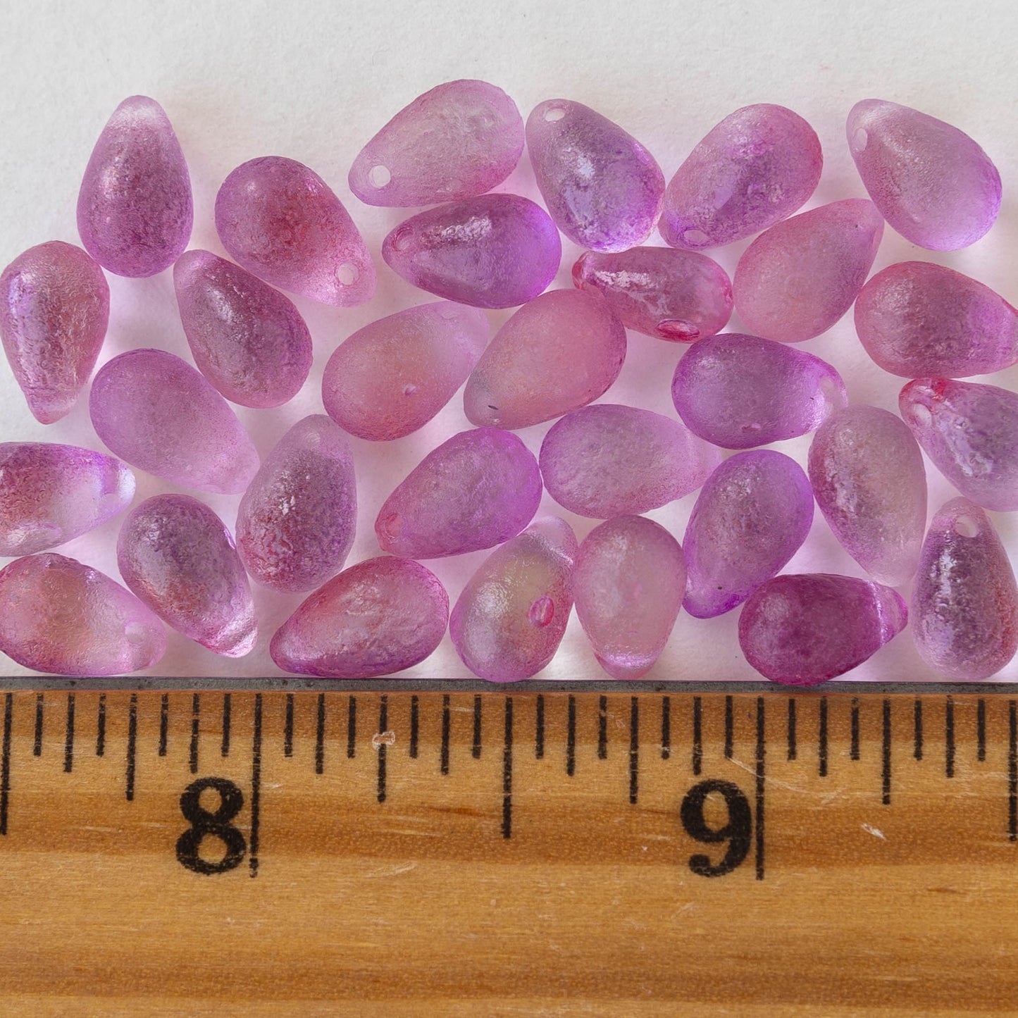 6x9mm Glass Teardrop Beads - Etched Pink - 30 Beads