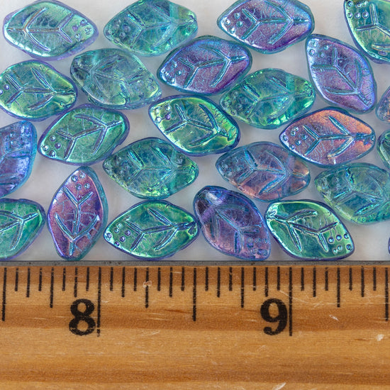 12mm Glass Leaf Beads - Blue Purple Mix - 25 leaves