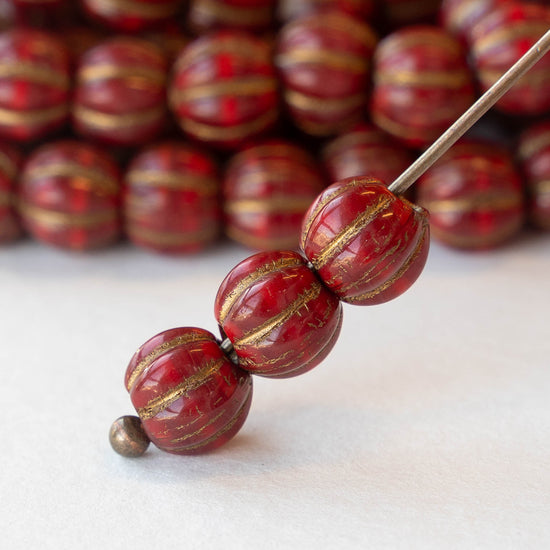 8mm Melon Bead - Ruby Red with Bronze - 10 Beads