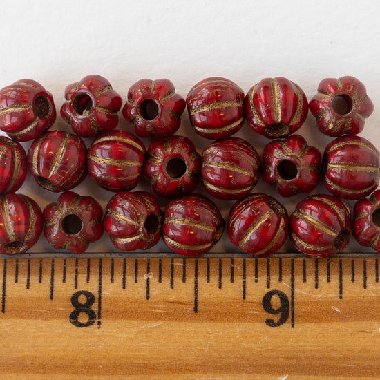 8mm Melon Bead - Ruby Red with Bronze - 10 Beads
