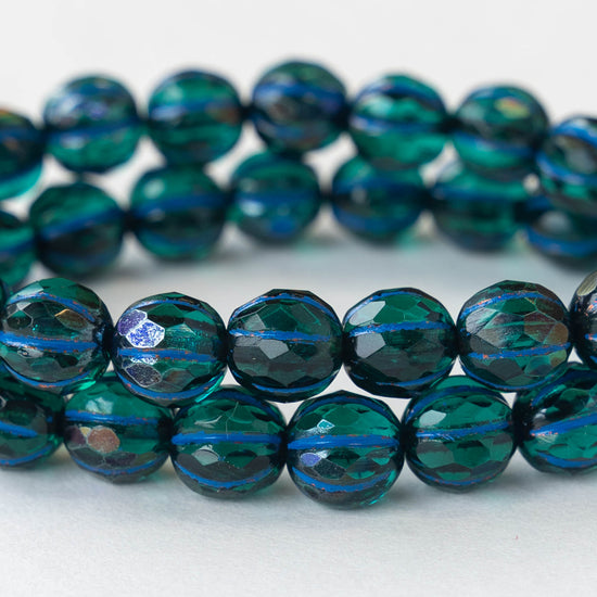 8mm Faceted Round Melon Beads - Emerald with Cobalt Finish and Blue Wash  - 20 beads