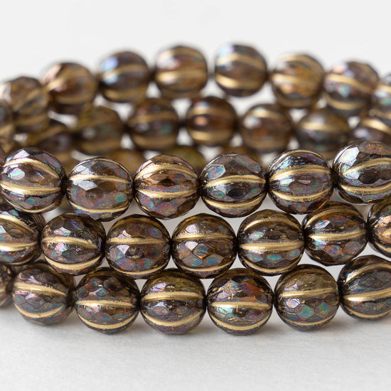 8mm Faceted Round Melon Beads -  Amber with Bronze Luster Gold Wash - 10 beads