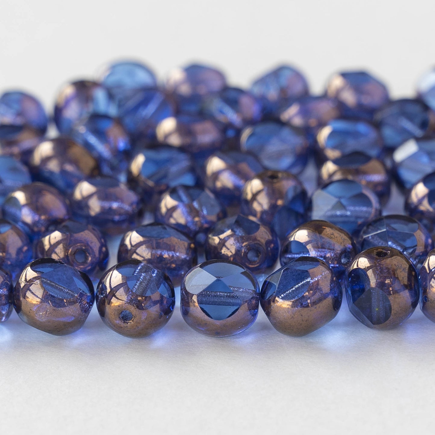 8mm Faceted Round Beads - Sapphire Blue with Bronze - 6 beads
