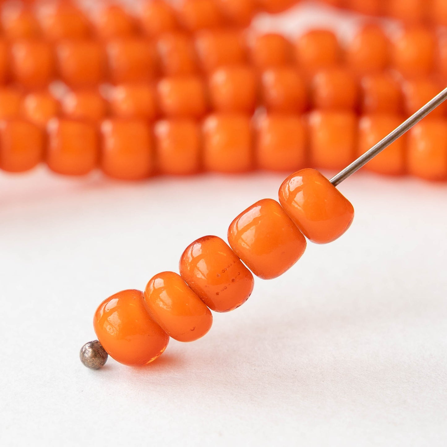 8mm Roundish Glass Beads - White Lined Orange - 30 beads