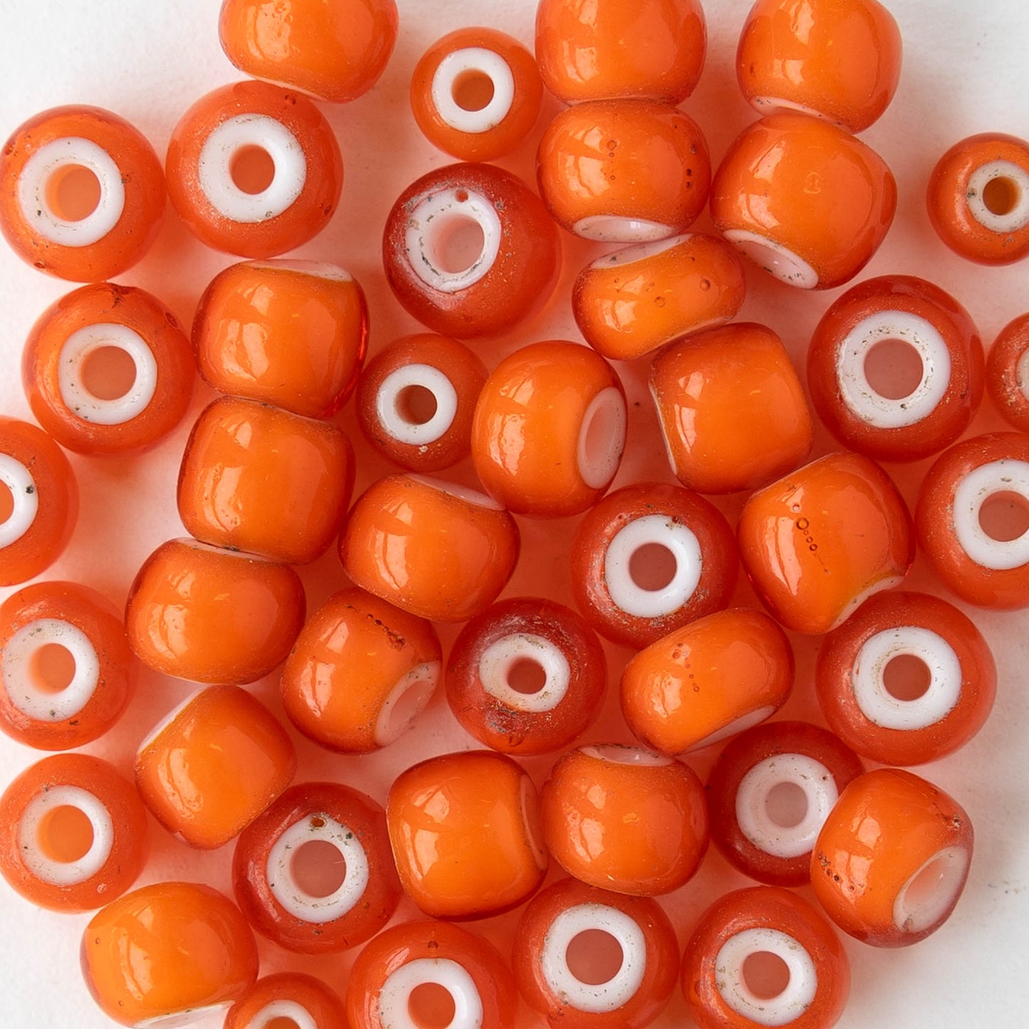 8mm Roundish Glass Beads - White Lined Orange - 30 beads