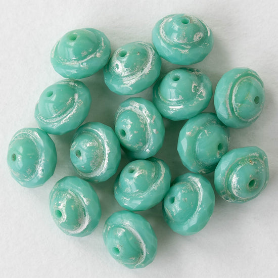 8x10mm Saturn Beads -Turquoise with Silver Picasso - 15 Beads