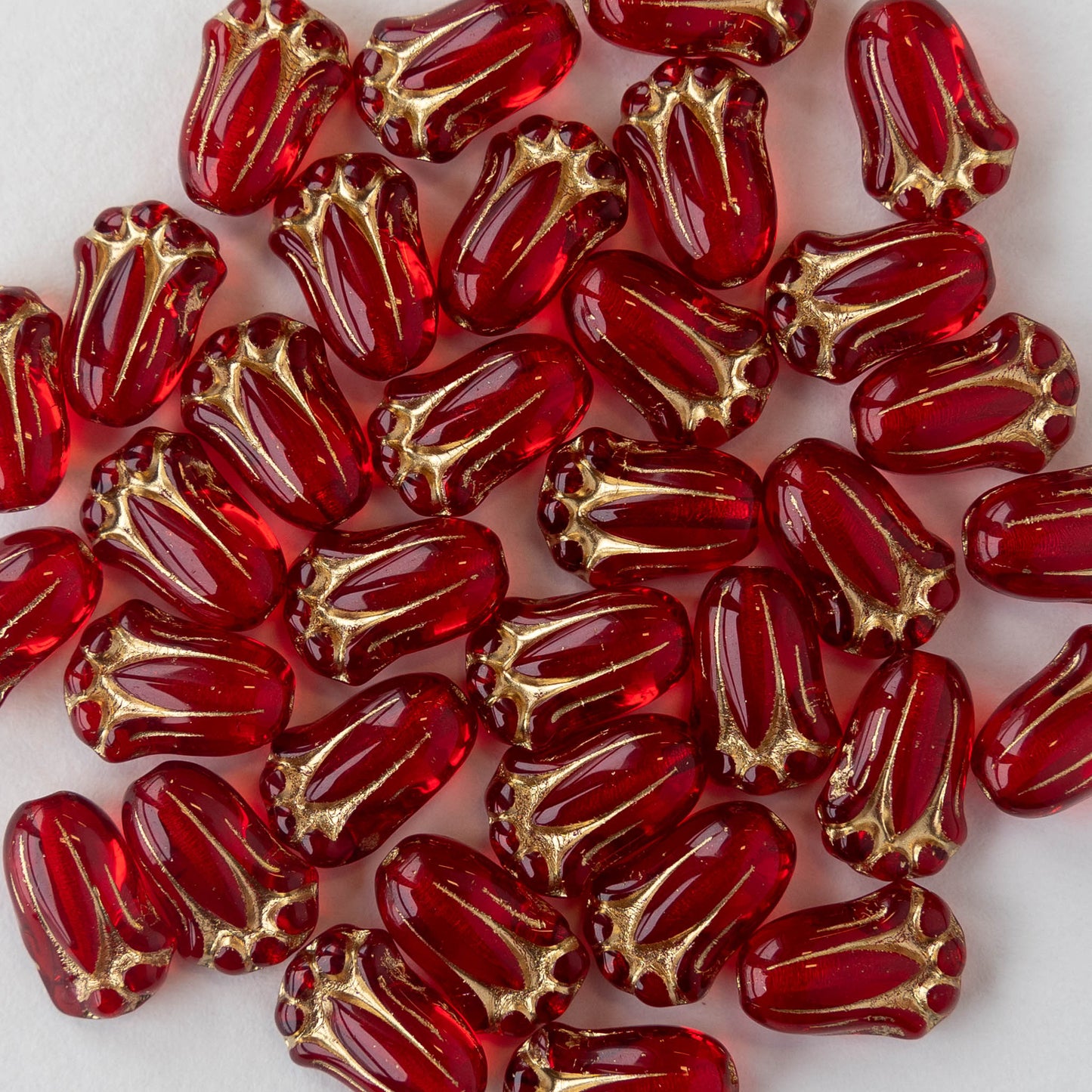 Tulip Flower Beads - Red with Gold Wash - 20 beads