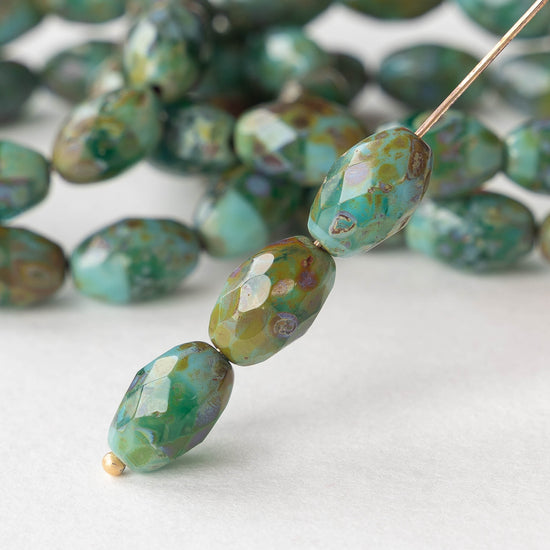 8x12mm Firepolished Glass Oval Beads - Turquoise Green Picasso - 12 beads