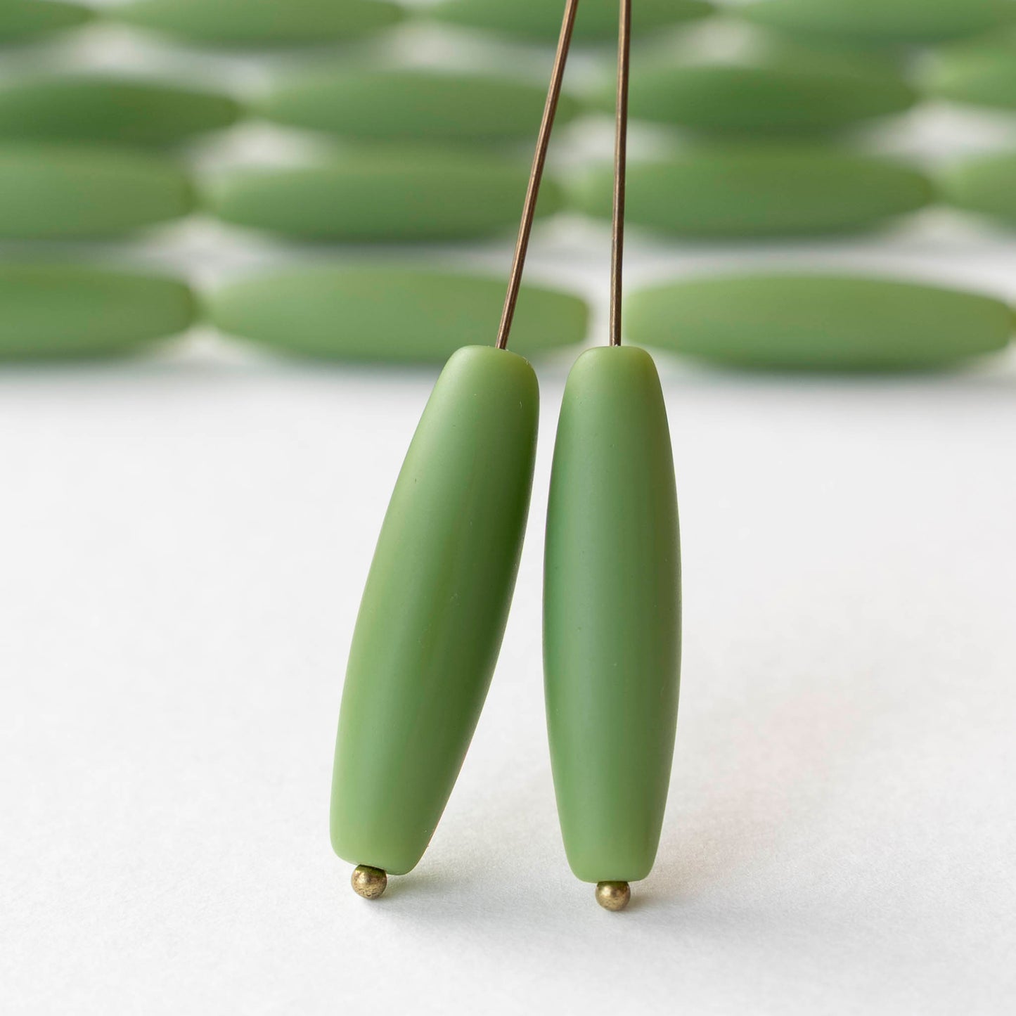 8x30mm Frosted Glass Tapered Tube Beads - Opaque Green - 14 beads