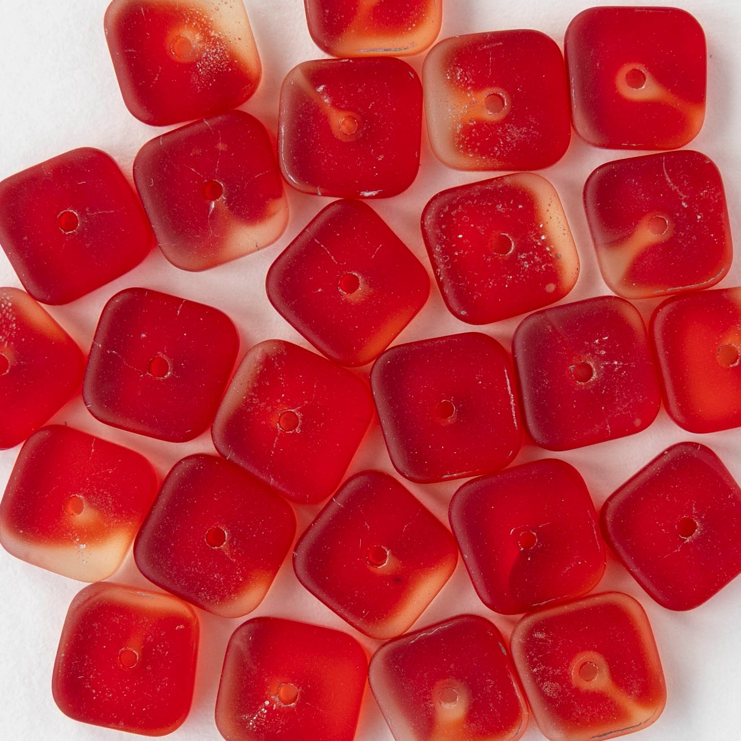 9mm Square Glass Heishi Beads - Matte Red - 25 Beads