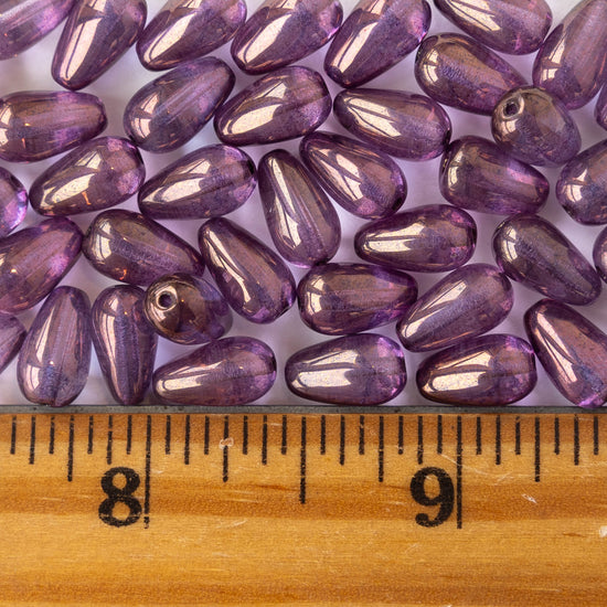 10x9mm Long Drilled Drops - Amethyst with Gold - 50 Beads
