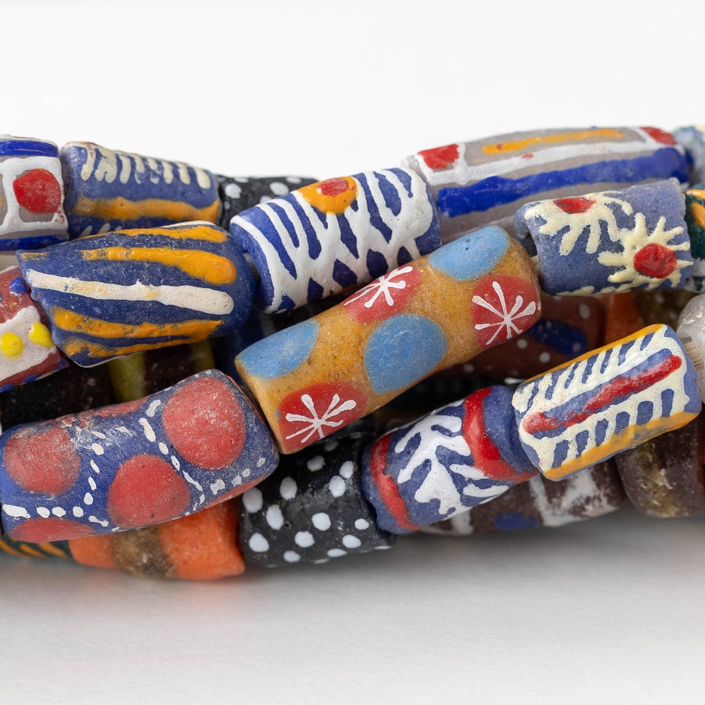 Painted Tube Beads From Ghana Africa - Colorful Pattern Mix - 32 inch strand ~44 Beads