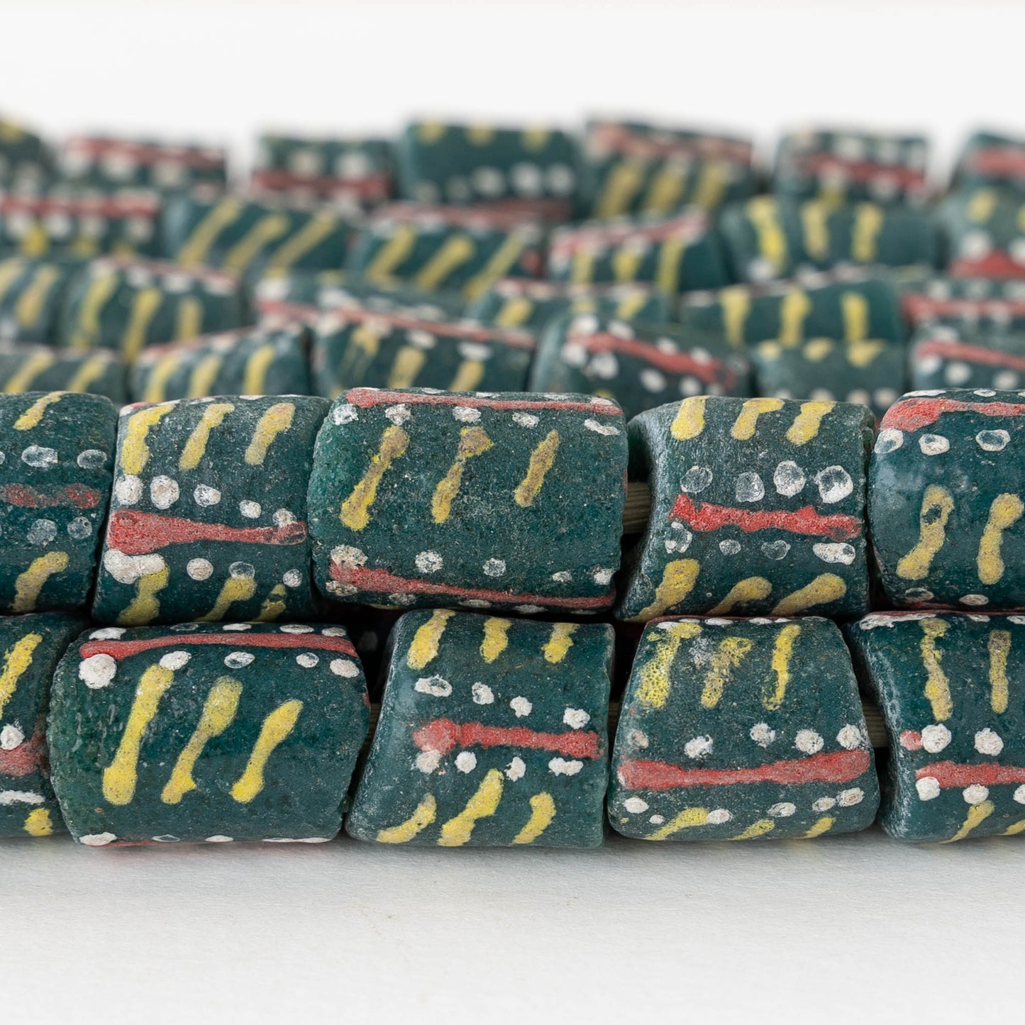 Painted Tube Beads From Ghana Africa - Green - 10 Beads