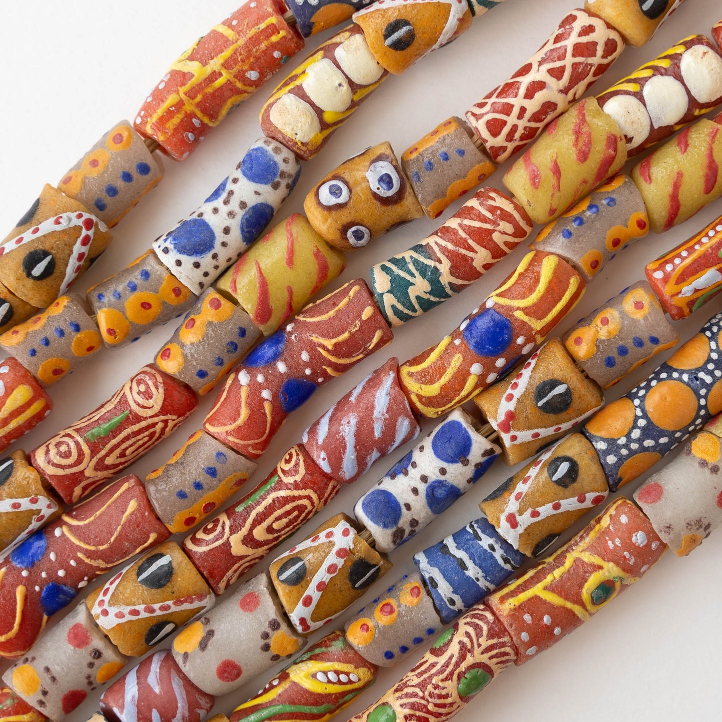 Painted Tube Beads From Ghana Africa - Warm Color Mix - 25 inch strand ~30 Beads
