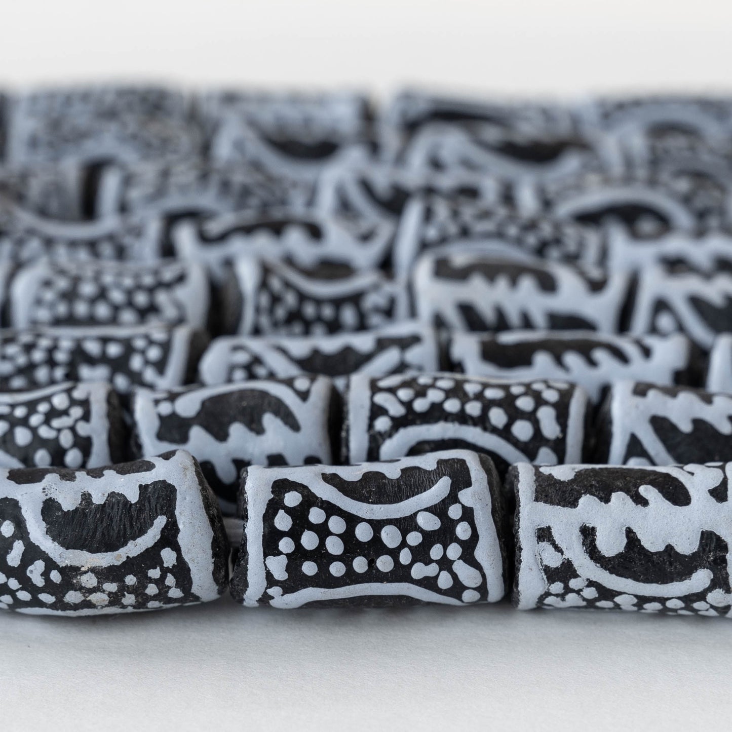 Painted Tube Beads From Ghana Africa - Large Hole - Black - 15 Beads