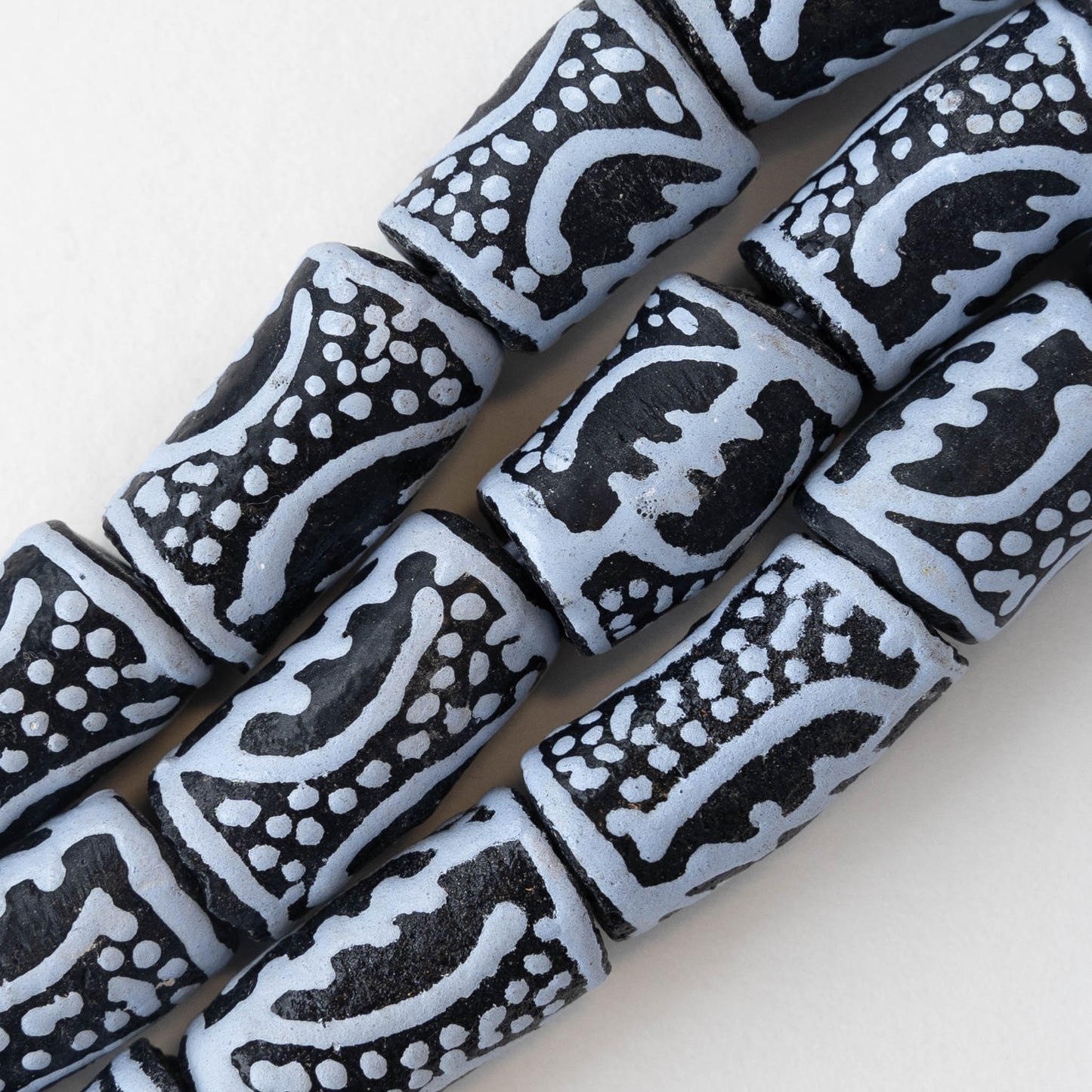 Painted Tube Beads From Ghana Africa - Large Hole - Black - 15 Beads