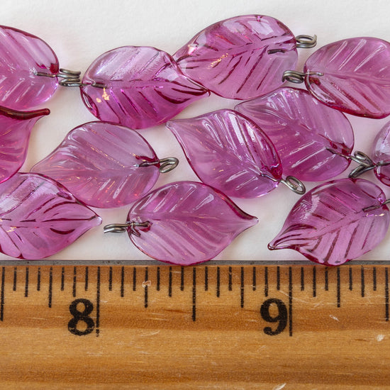 Handmade Glass Leaf Beads - Fuchsia - 2 leaves