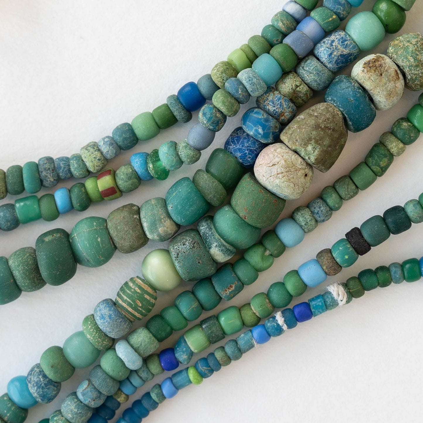 Ancient Djenne Glass Trade Beads - Turquoise Greens - 24 inch Strands