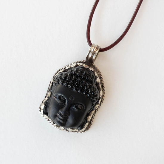 38mm Buddha Pendant - Black Matte Obsidian set in Tibetan Silver -  1 piece