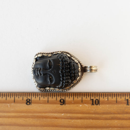 38mm Buddha Pendant - Black Matte Obsidian set in Tibetan Silver -  1 piece