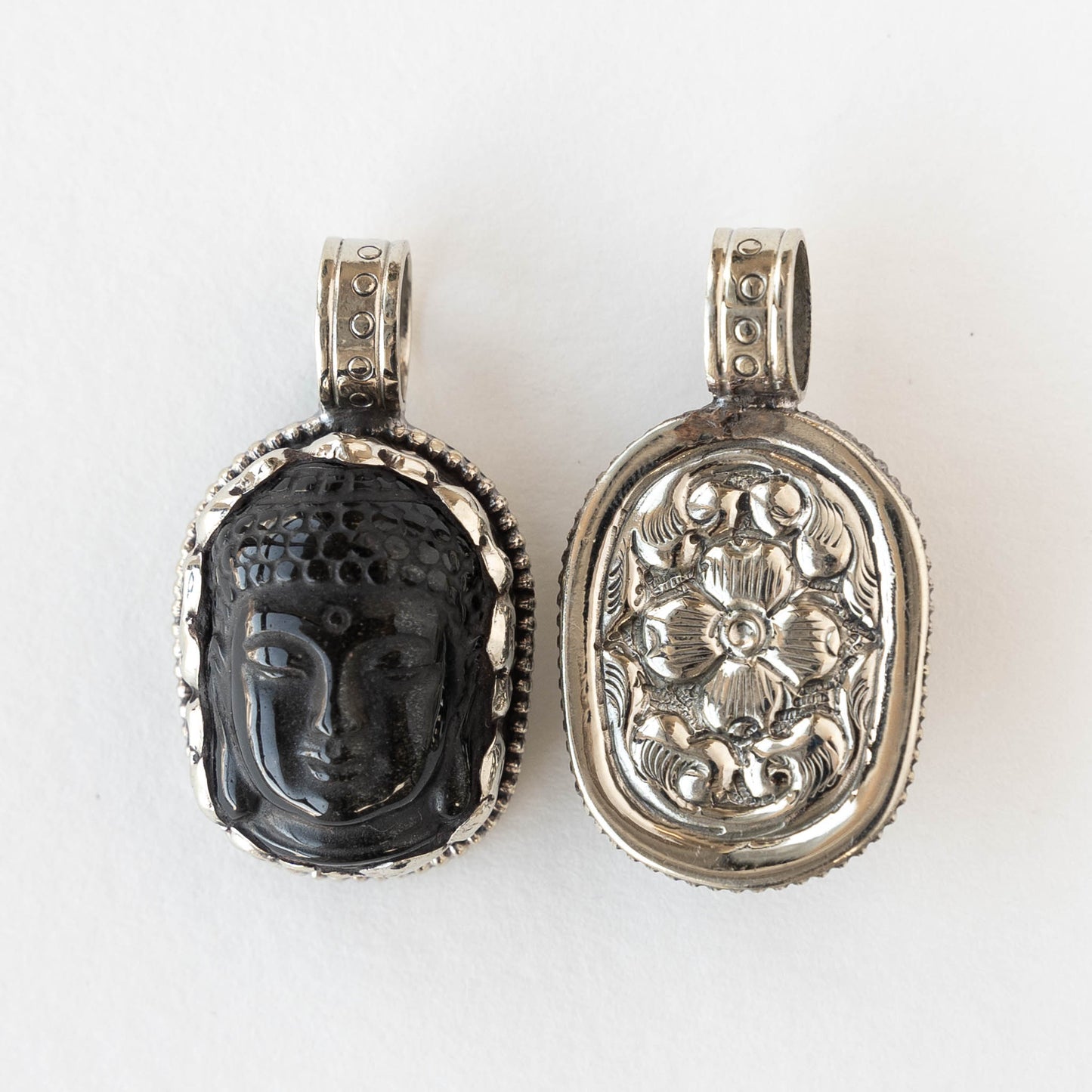 19mm Buddha Pendant - Black Matte Obsidian set in Tibetan Silver -  1 piece