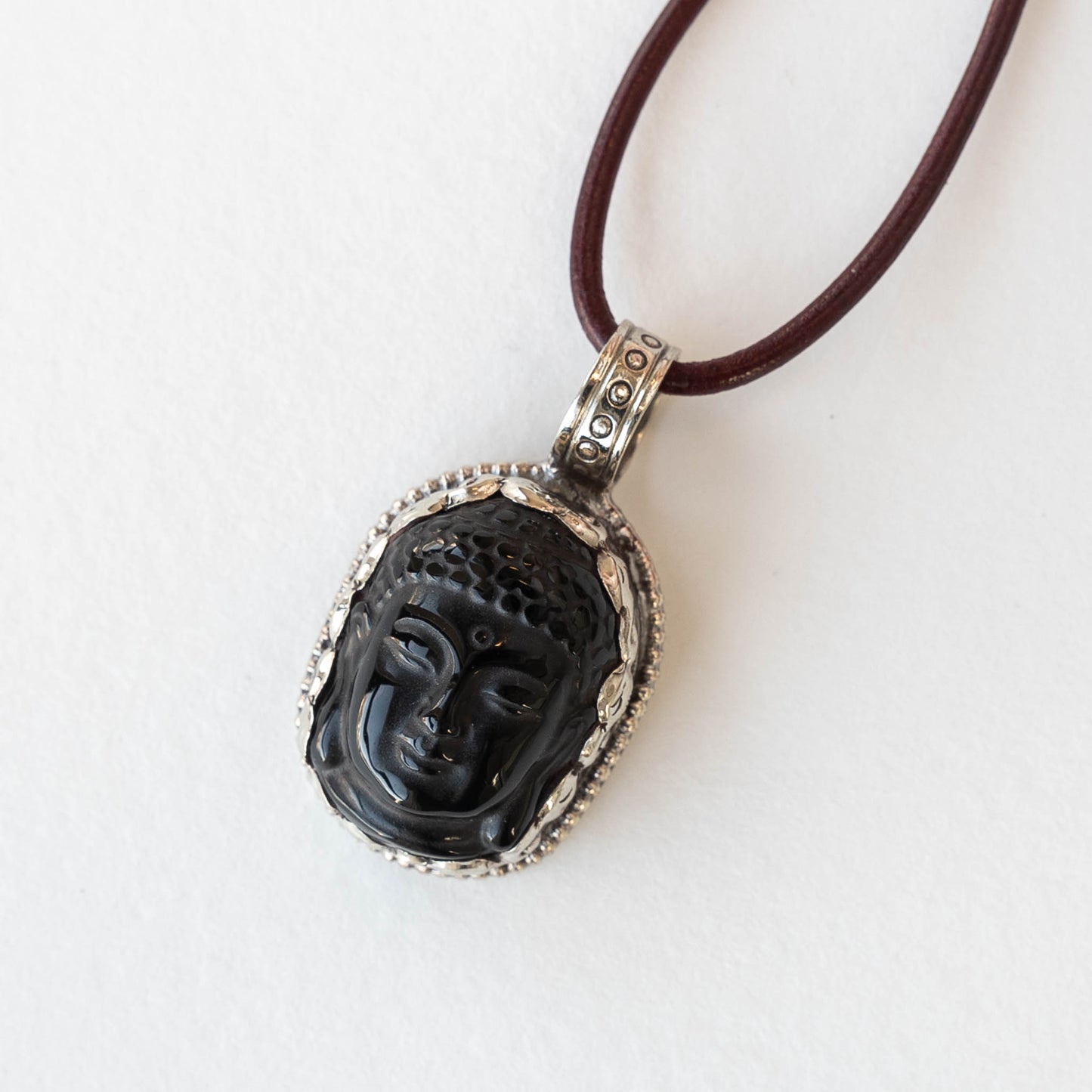 19mm Buddha Pendant - Black Matte Obsidian set in Tibetan Silver -  1 piece