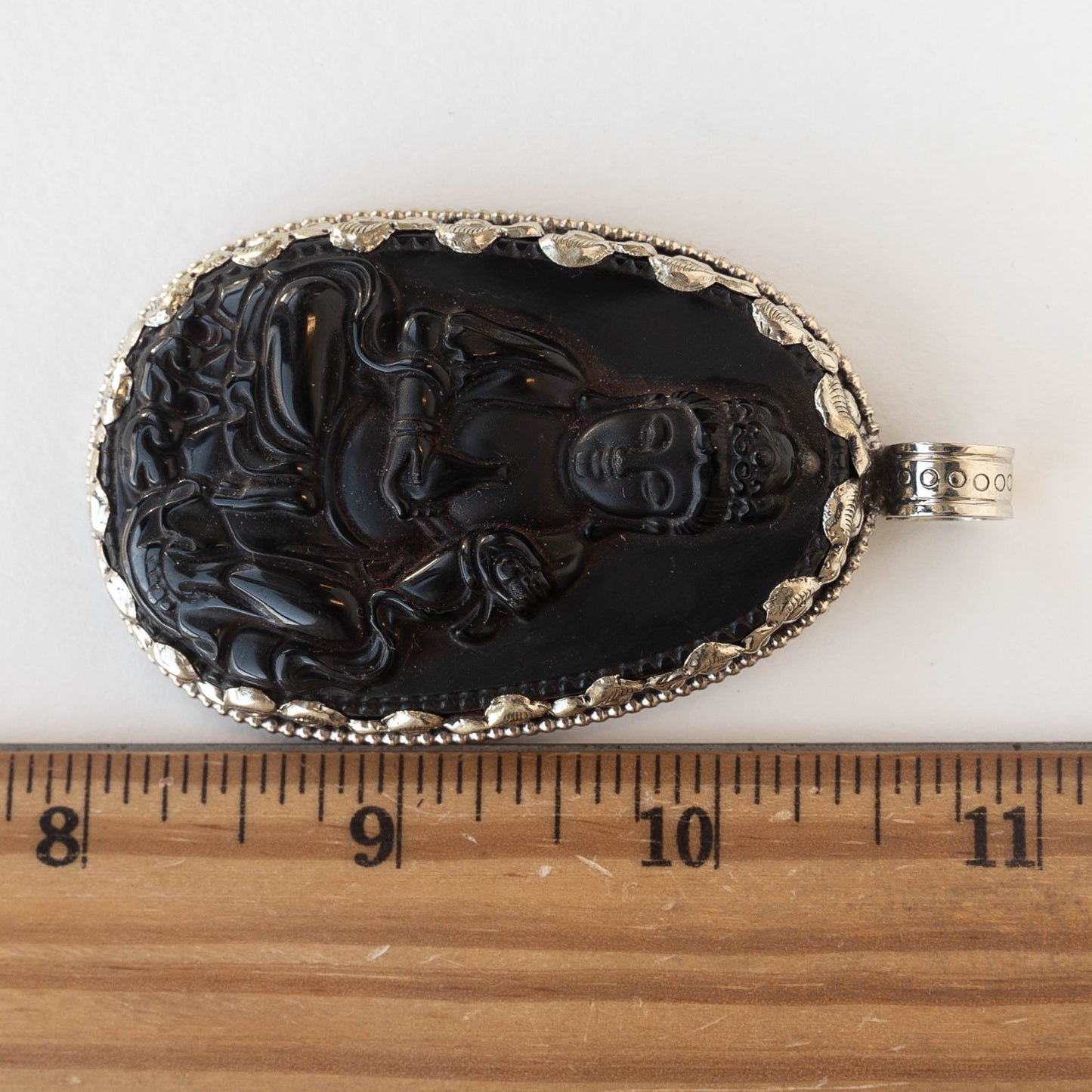 65mm Sitting Buddha Pendant - Black Matte Obsidian set in Tibetan Silver - 1 piece