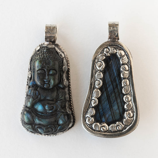 47mm Labradorite Buddha Pendant Set In Tibetan Silver - 1 piece