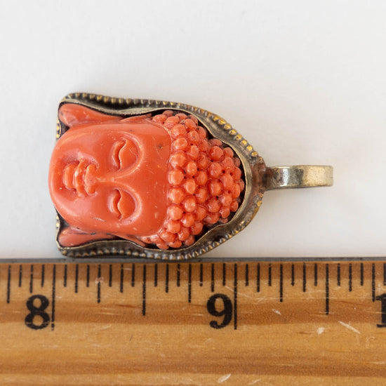 29mm Buddha Pendant - Orange Resin set in Tibetan Silver -  1 piece