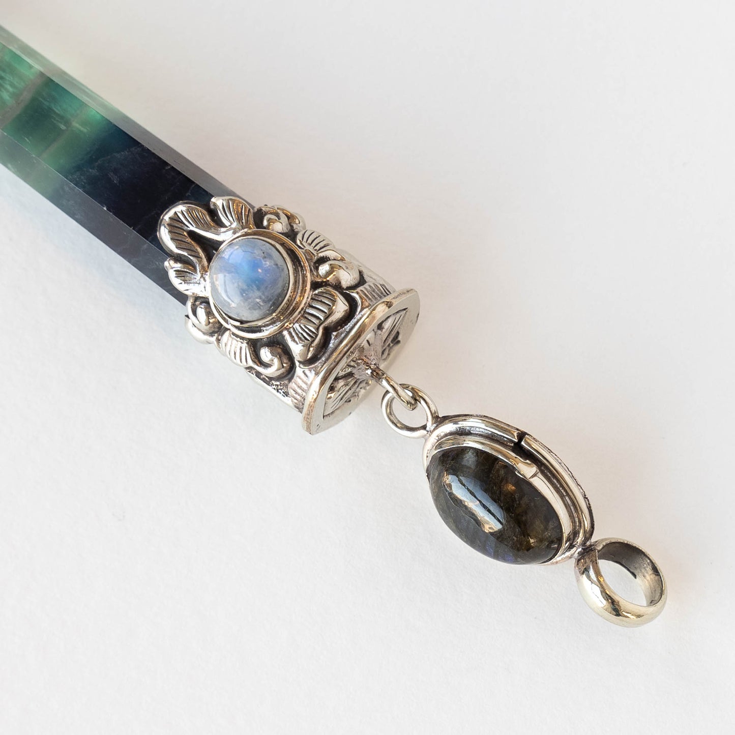 110mm Fluorite Point set in Tibetan Silver with Moonstone and Labradorite  - 1 piece