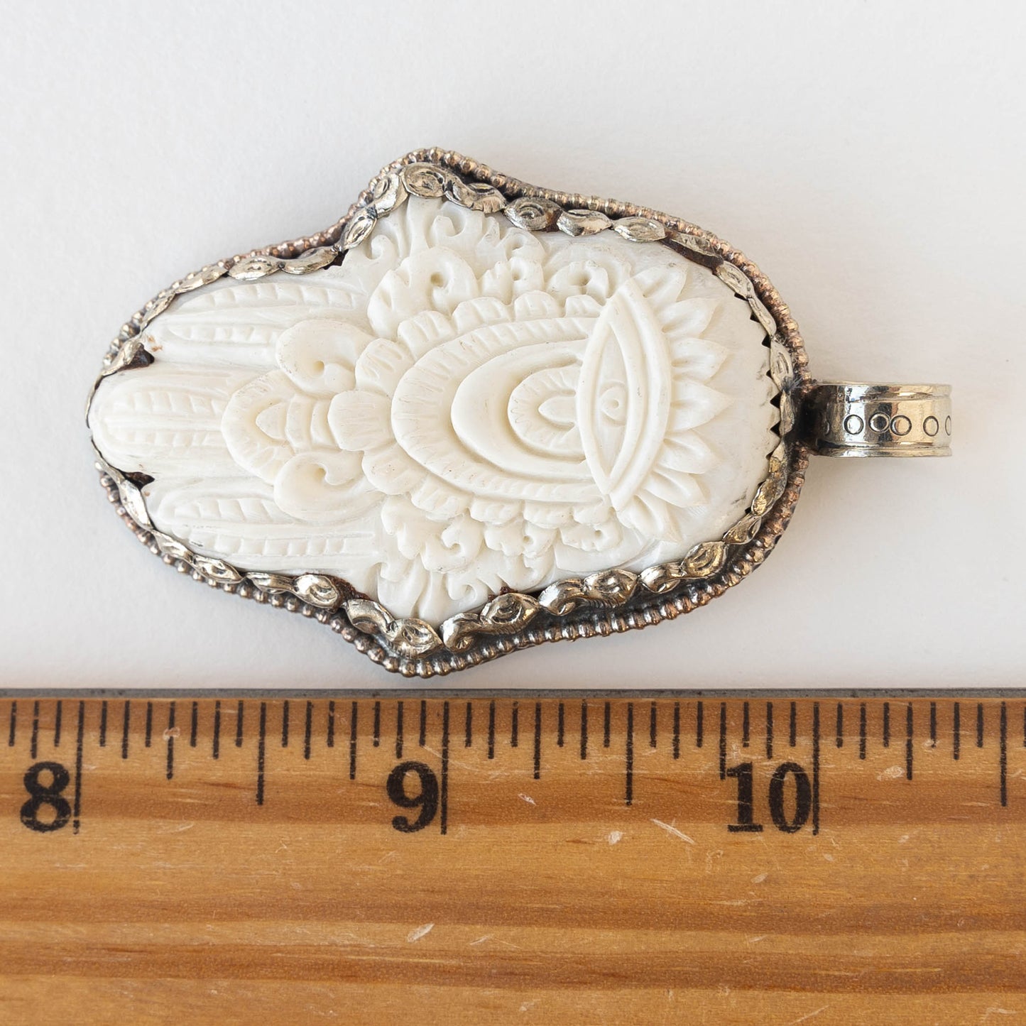 49mm Hamsa Hand Pendant set in Tibetan Silver - 1 piece