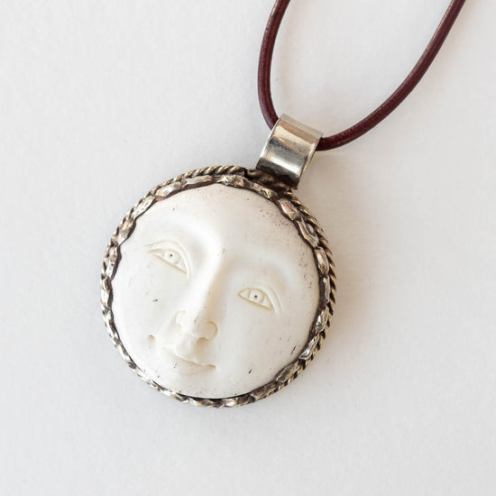 34mm Carved Moon Pendant set In Tibetan Silver - 1 piece