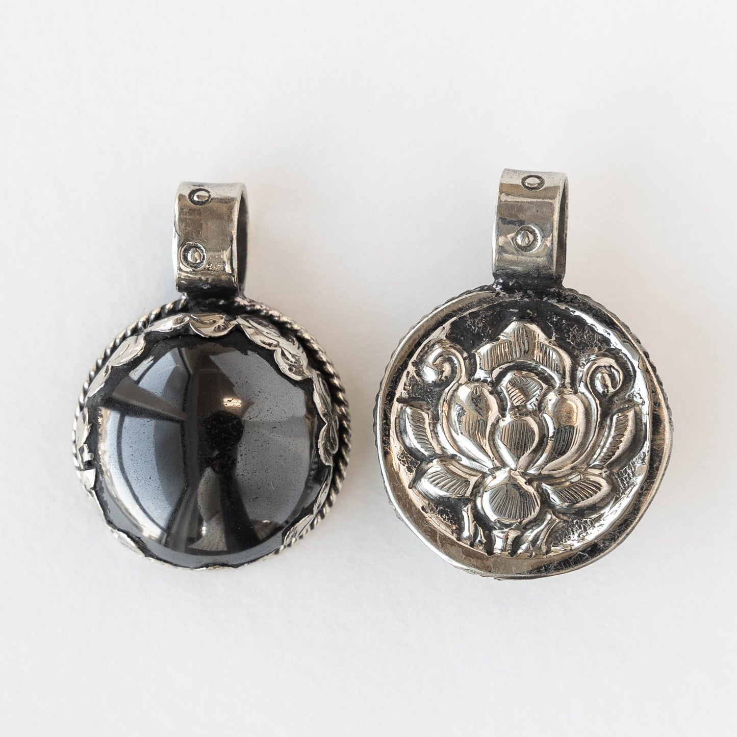 24mm Round Hematite Pendant set  in Tibetan Silver- 1 piece