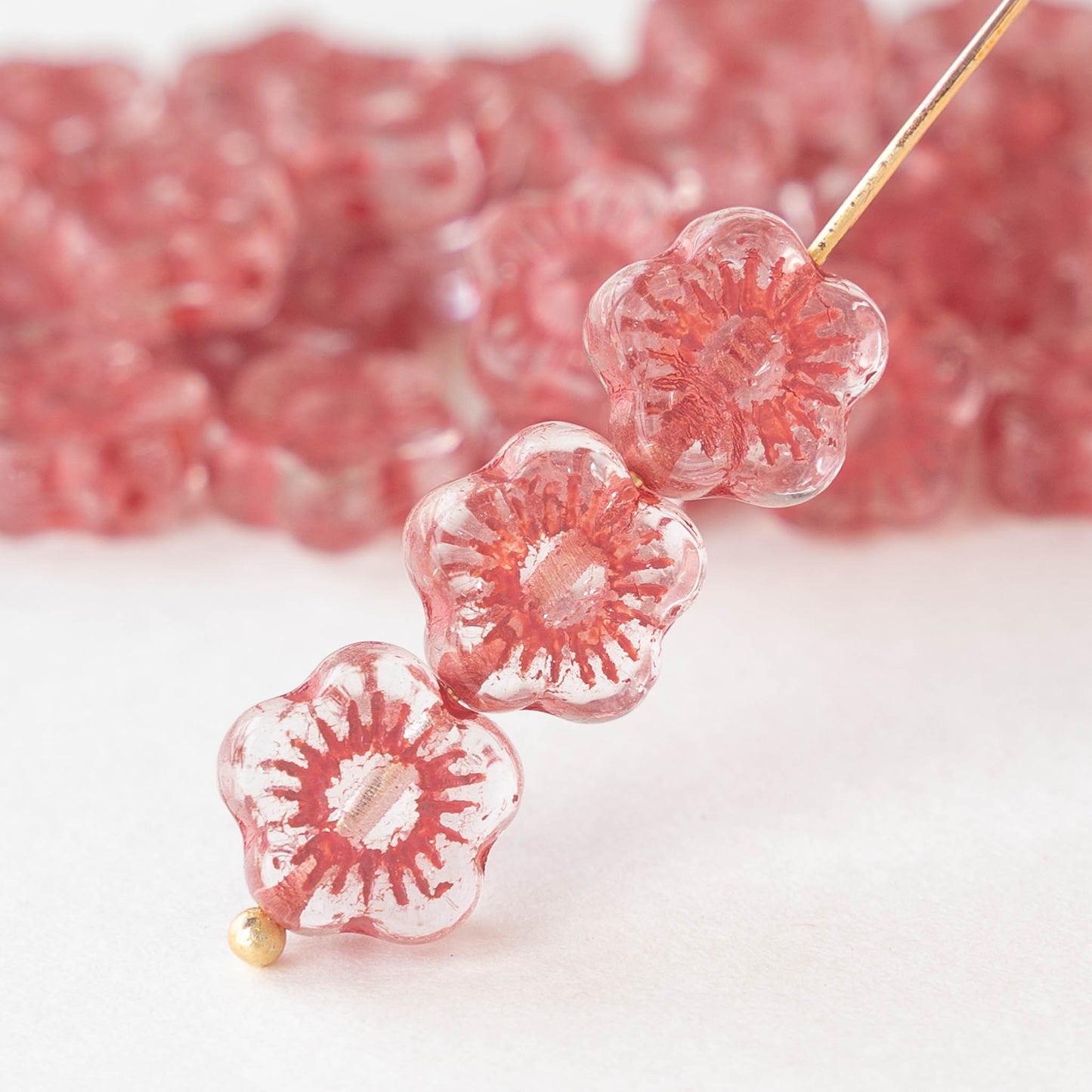10mm Glass Flower Beads - Crystal with Pink Wash - 20 beads