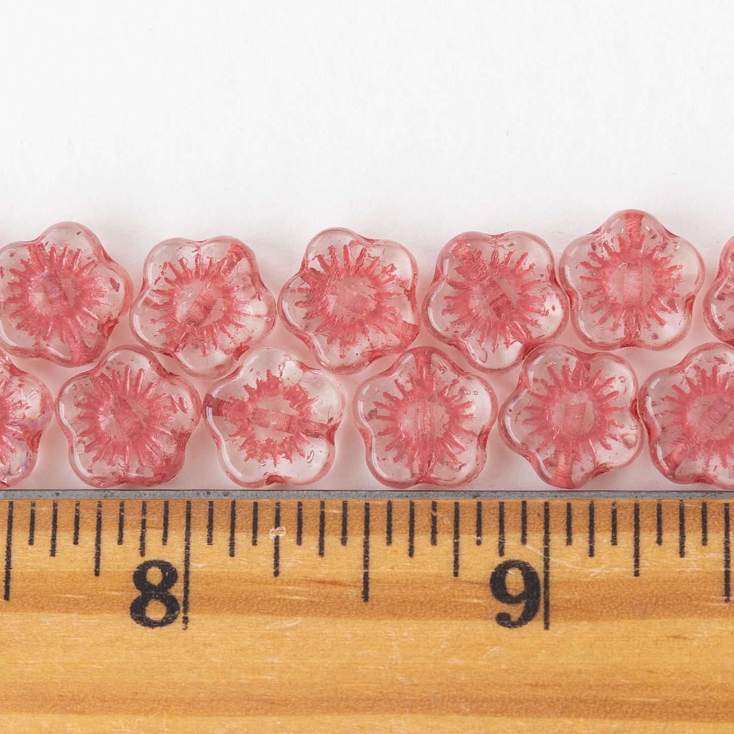 10mm Glass Flower Beads - Crystal with Pink Wash - 20 beads