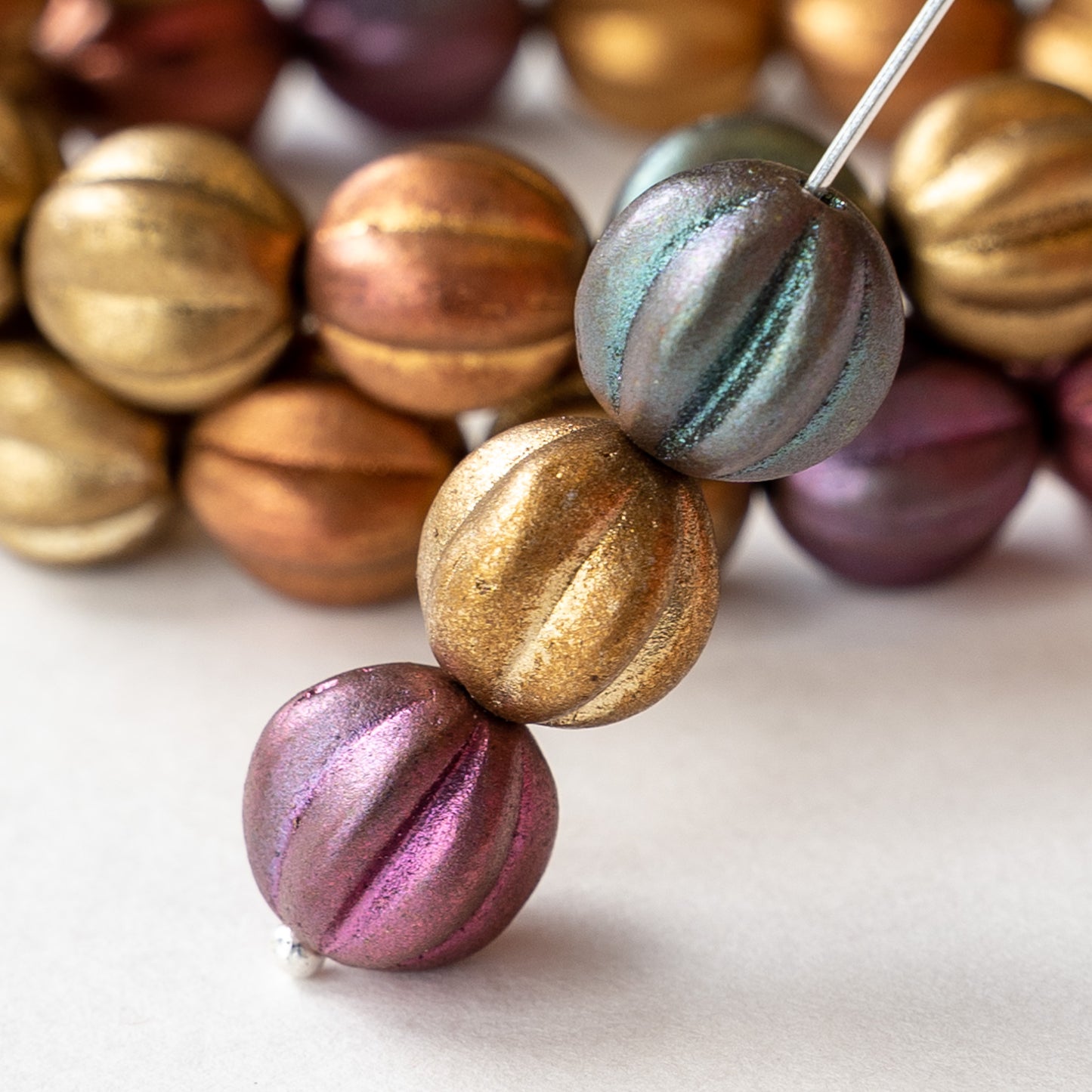 10mm Melon Beads - Metallic Bronze Iris Matte - 15 Beads