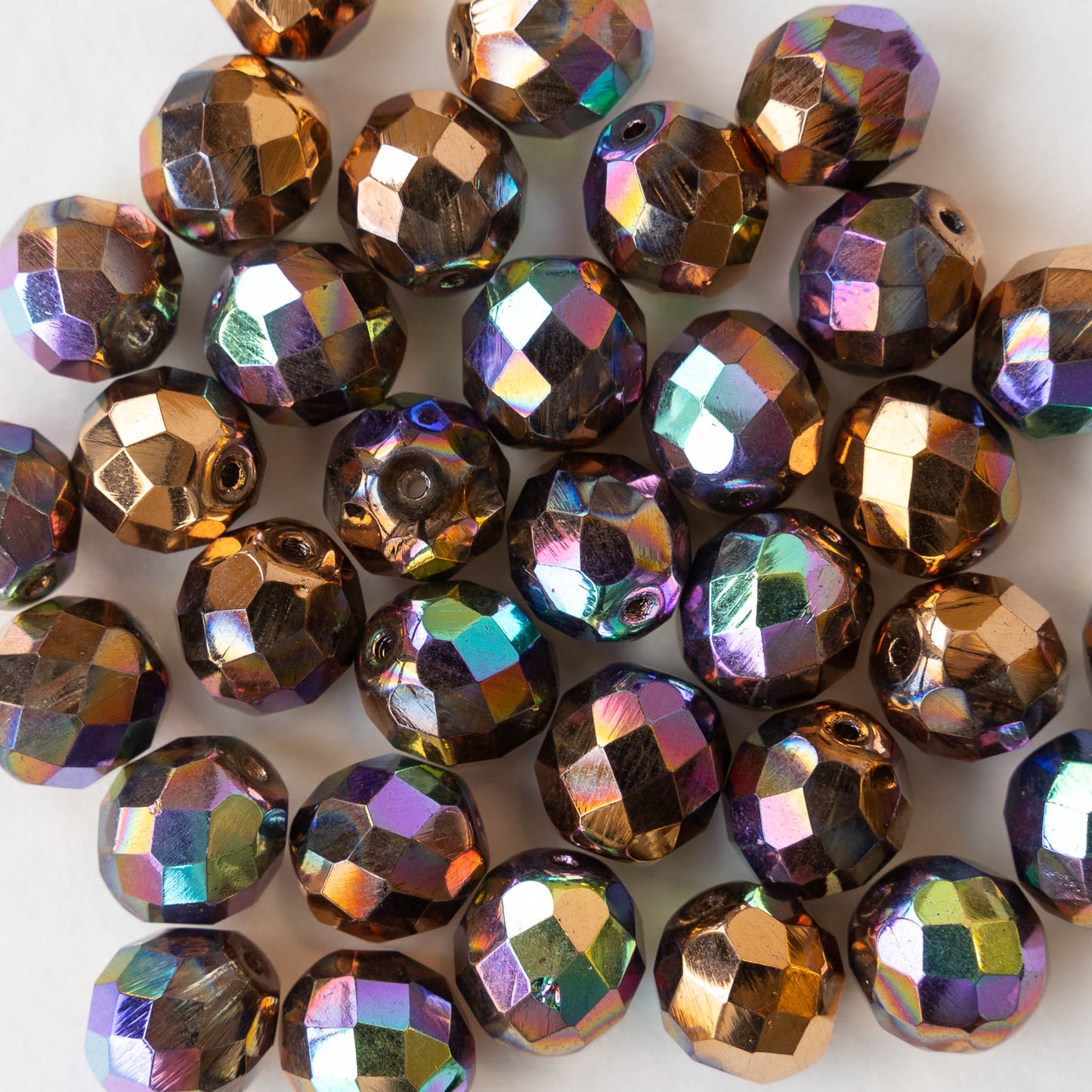 10mm Firepolished Round Glass Beads - Bronze and Gold Iris - 20 beads