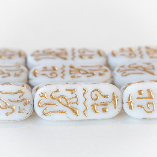 10x25mm Cartouche Beads - White with Gold - 4 Beads