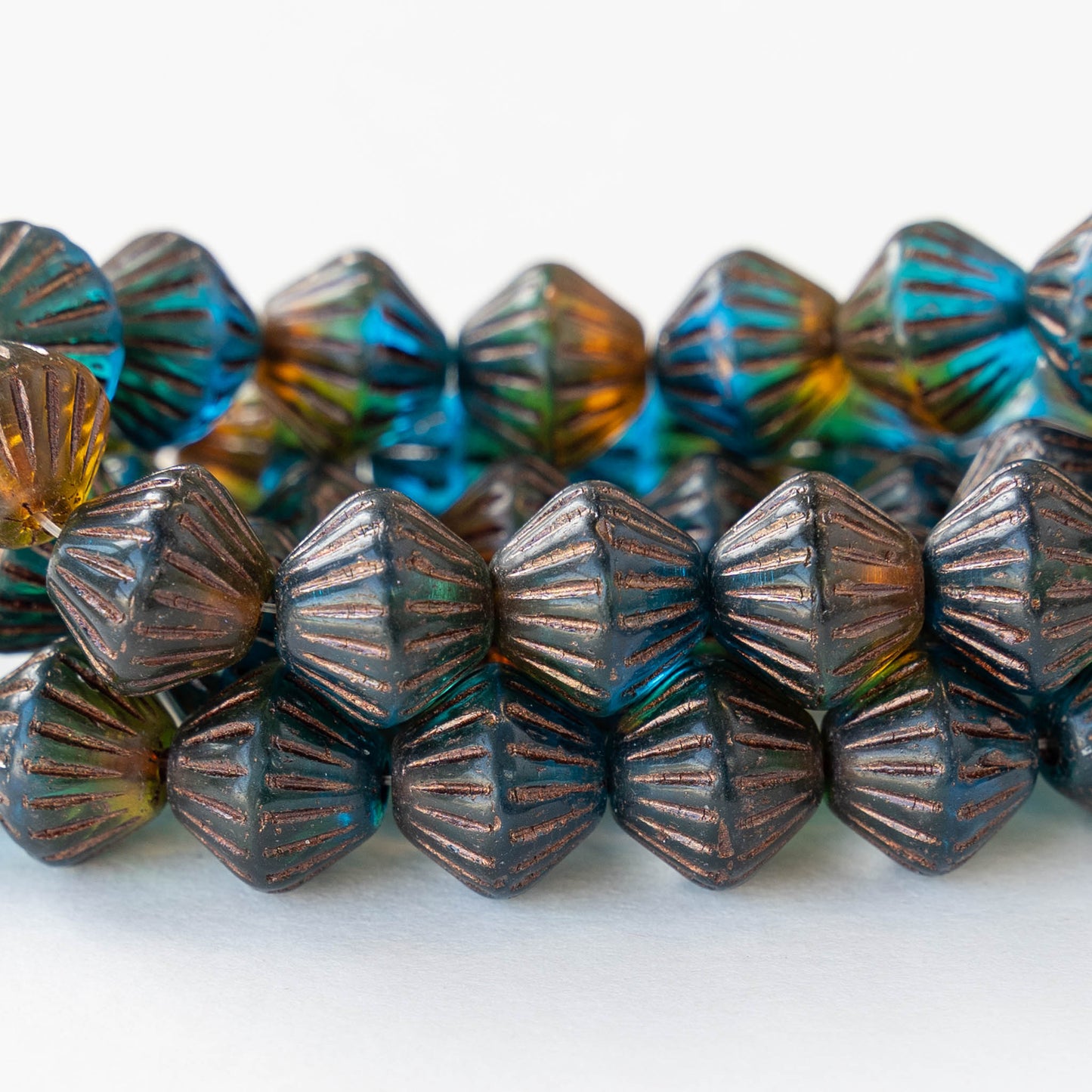 11mm Glass Bicone Beads - Teal and Amber with Copper Wash - 6 or 12 Beads