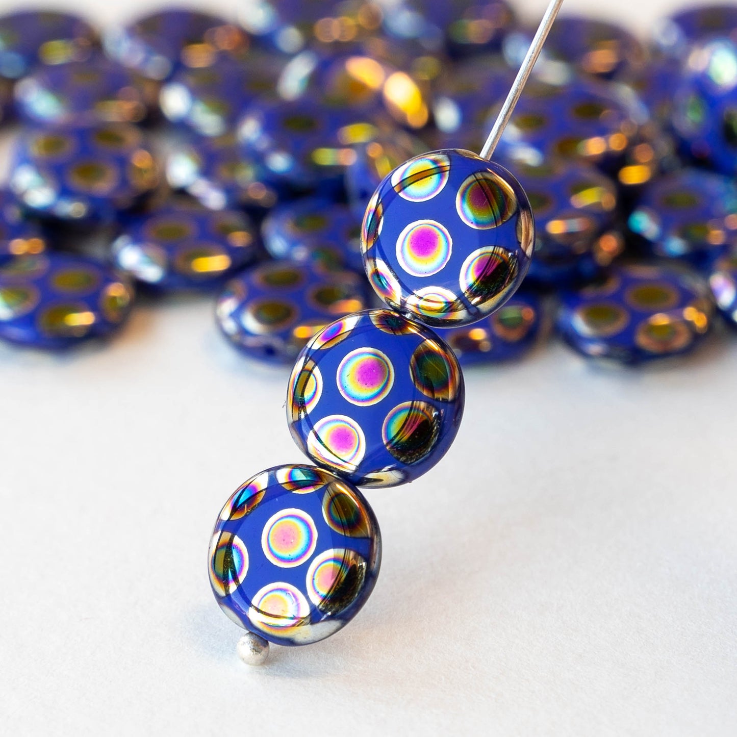 11mm Glass Coin - Blue With Peacock Finish - 4 beads